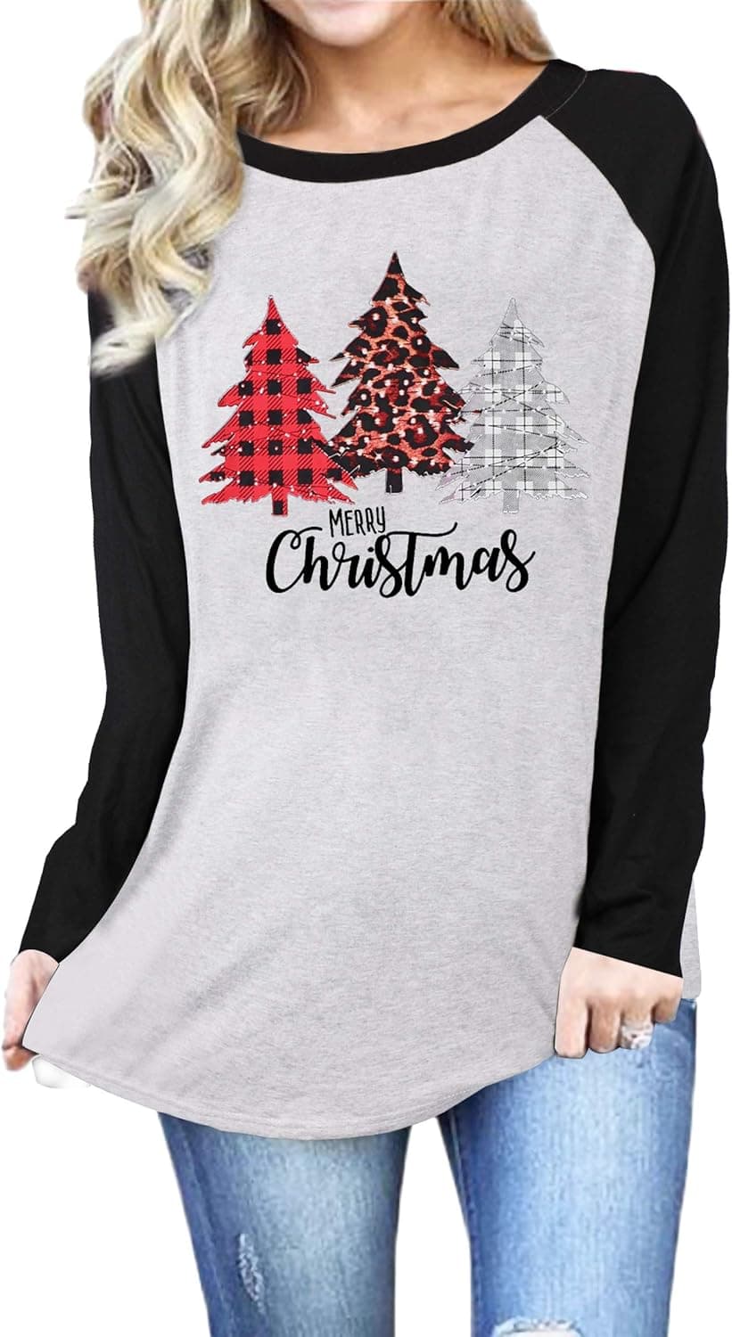 Merry Christmas Tee Shirts Women Merry Christmas Tree Print T-Shirt Leopard Plaid Printed Long Sleeve Raglan Baseball Shirts