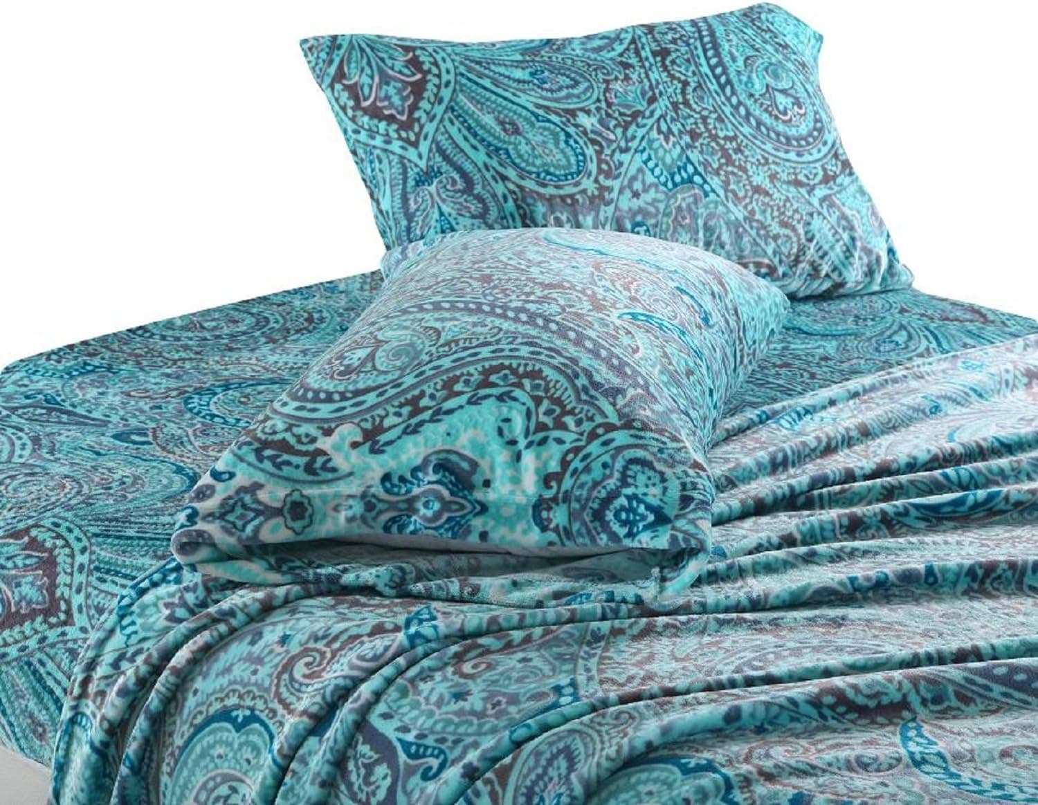 Cozy Fleece Super Soft Plush Paisley Sheet Sets, California King, Aqua