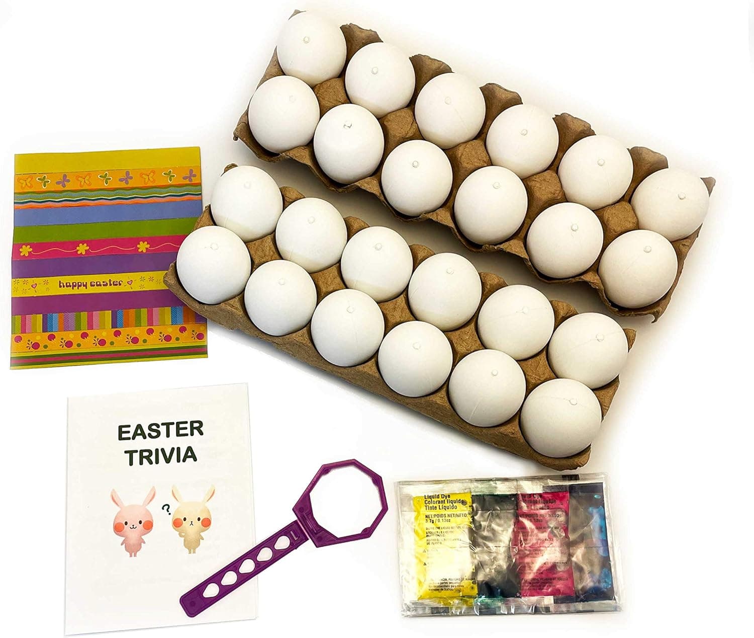 Happy Packs DIY Easter Egg Dye Kit Plastic Fake Eggs Dyeable - 2 Dozen for Total of 24 Plastic Eggs Bulk Craft Activity Decor and Easter Basket Games for Kids and Adults (24 Pack)
