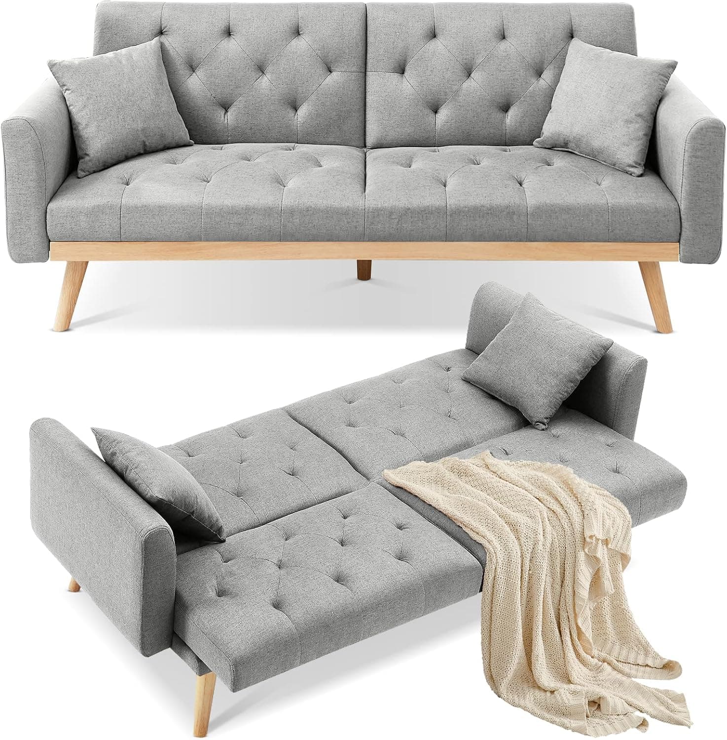 AWQM Convertible Sofa Bed, Fabric Linen Folding Futon Sofa Bed,Upholstered Loveseat Futon Couch Bed,Adjustable Couch Sleeper w/Wood Legs,Pull Out Couch for Small Space, Living Room,Office,Light Grey