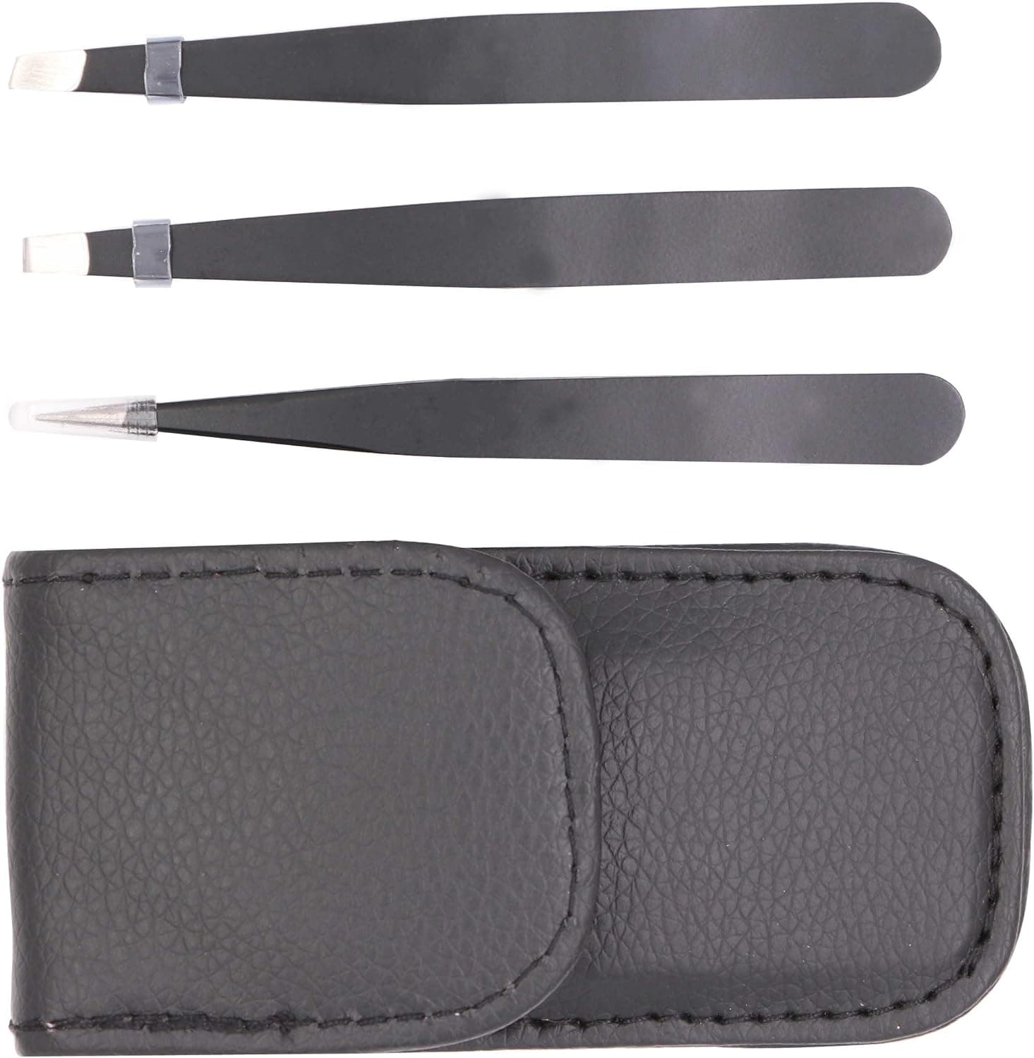 3 Eyebrow Tweezers Set - Professional Stainless Steel Tweezer Slant Flat Pointed Tip Precision Kit For Eyebrows, Ingrown Hair, Splinter Remover, Eyelash Extension With Travel Case (3PCS, Black)