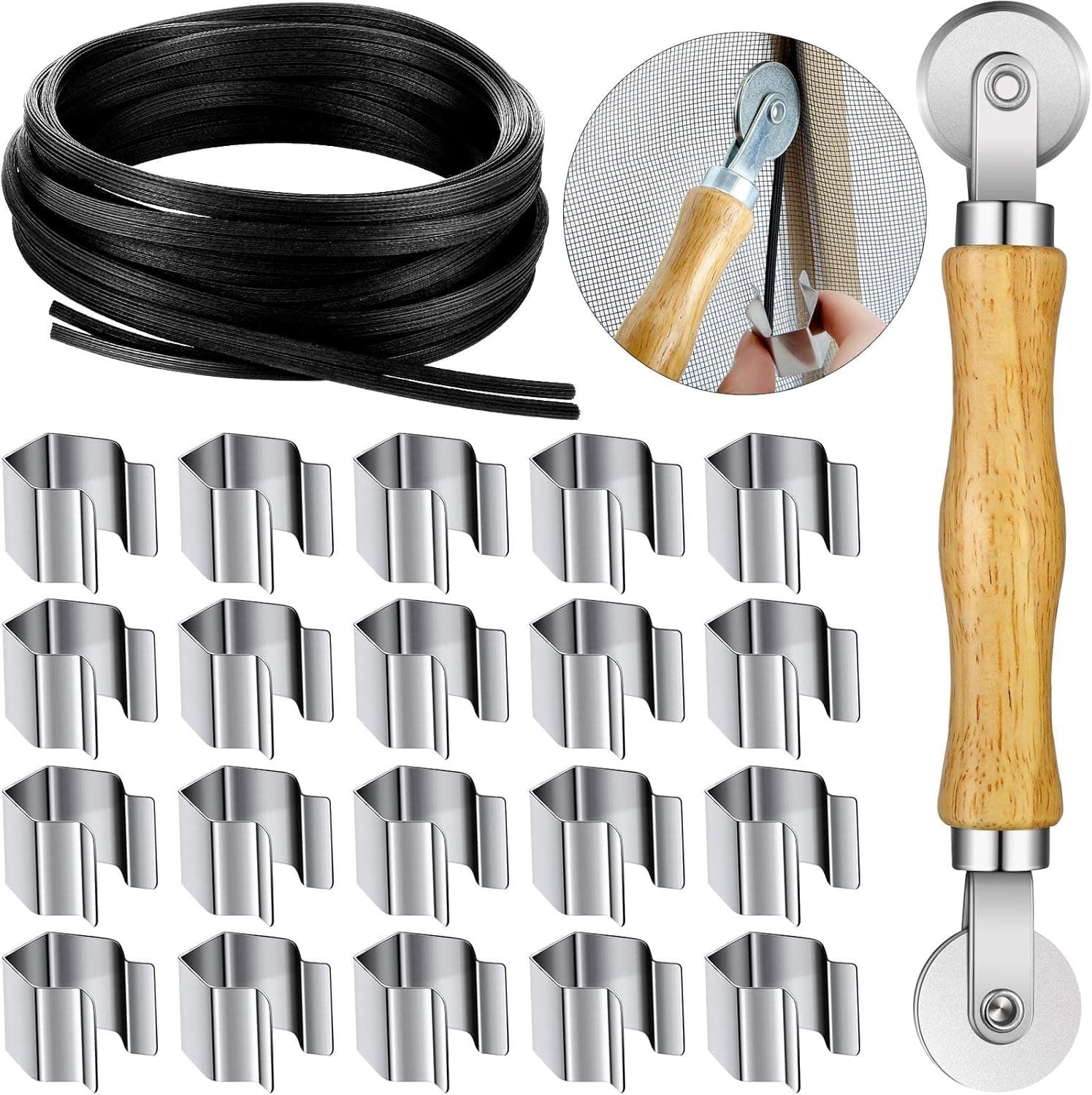 22 Pieces Window Screen Installer Clips 25ft 0.125 Inch Screen Retainer Spline Rolling Must Have Tool Spline Roller with Wood Handle and Steel Wheels for Installing Window and Door Screens