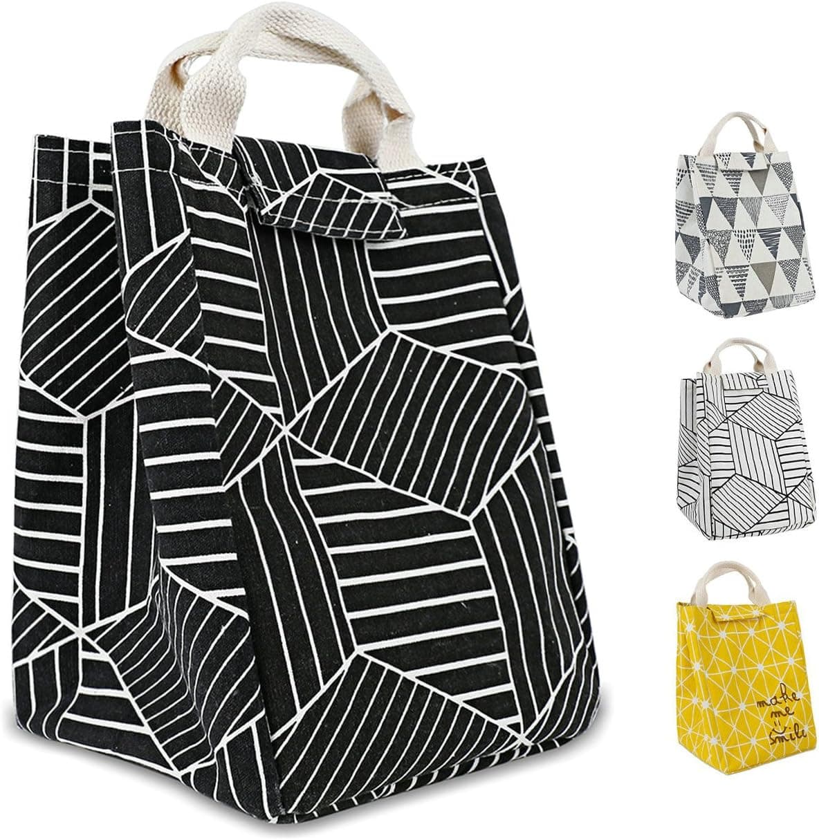 HOMESPON Reusable Lunch Bags Printed Canvas Fabric with Insulated Waterproof Aluminum Foil, Lunch Box for Women, Kids, Students (Geometric Pattern-Black)