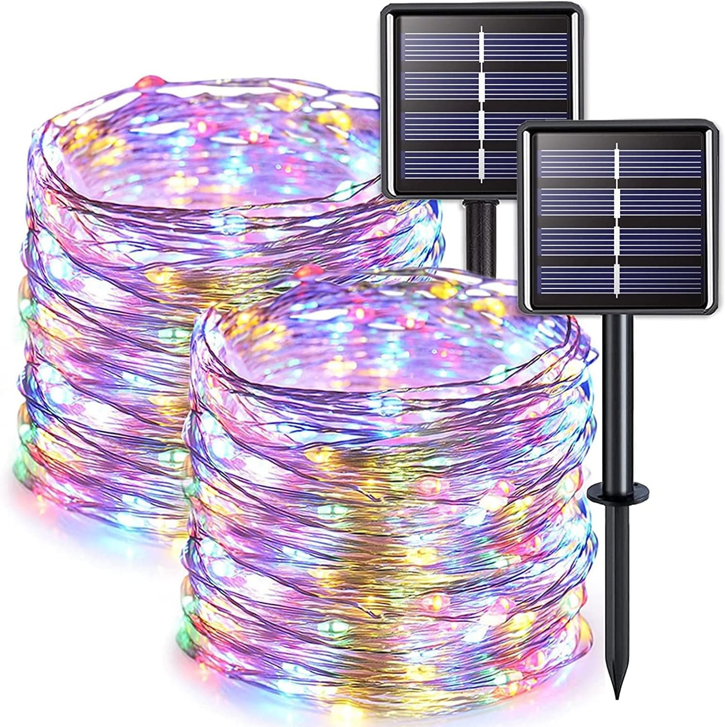 JMEXSUSS 2 Pack Solar String Lights Outdoor Waterproof, 33ft 100 LED Multicolor Solar Christmas Lights, 8 Modes Copper Wire Mini Solar Fairy Lights for Patio Garden Party Wedding Christmas Decorations