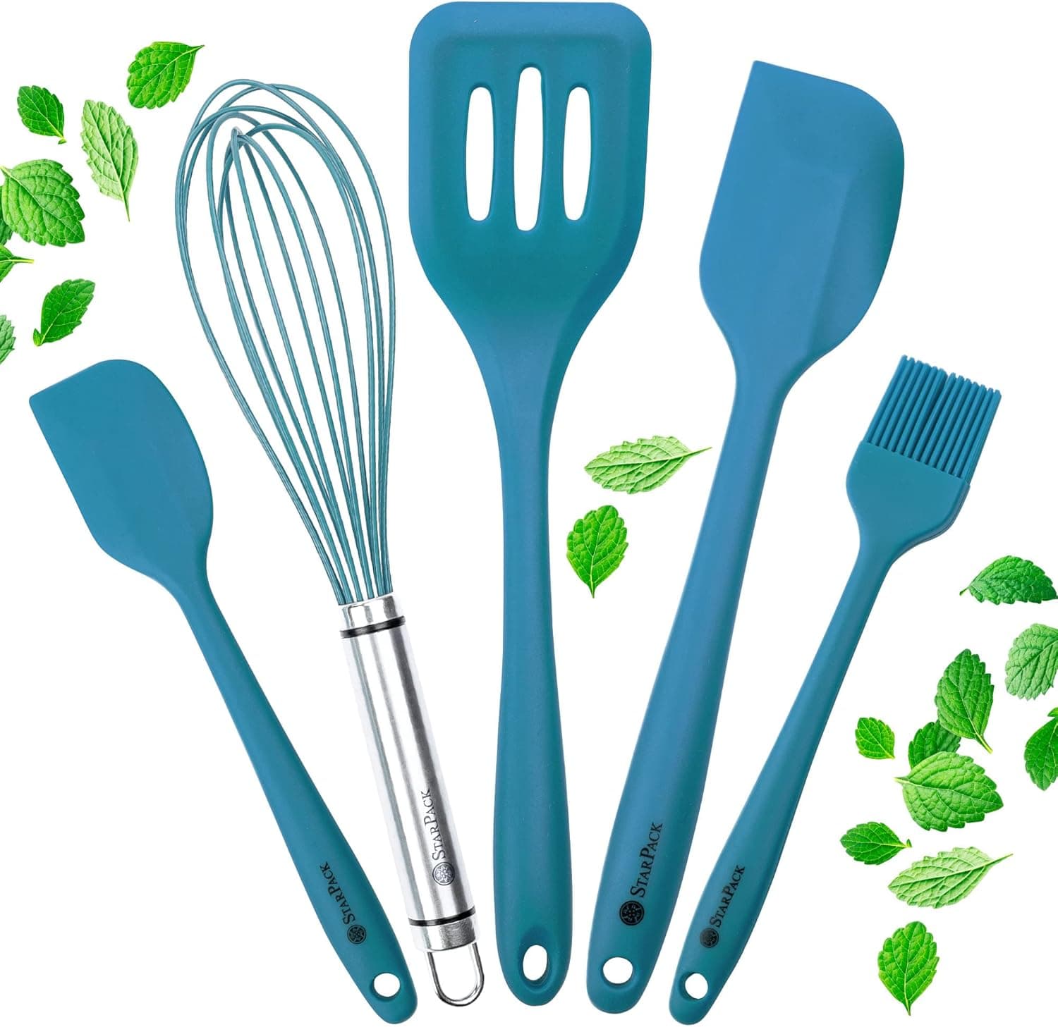 StarPack Basic Silicone Cooking Kitchen Utensils Set (5 Piece) - Cooking Utensils Set with Heat Resistance up to 480°F - Large & Small Spatulas, Whisk & Basting Brush Silicone Utensils (Teal Blue)