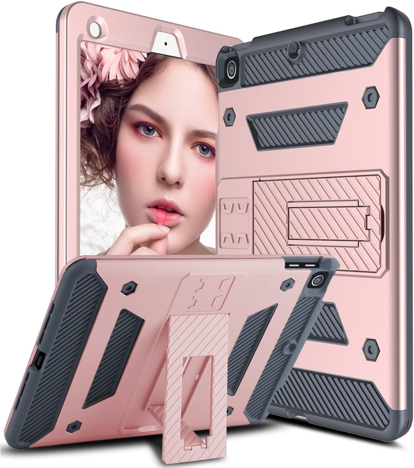 Venoro Case Compatible iPad Pro 9.7 2018/2017, Heavy Duty Three Layer Hybrid Shockproof Armor Defender Protective Case Cover Kickstand Compatible iPad Pro 9.7 / iPad 6 / iPad 7 (Rose Gold/Grey)