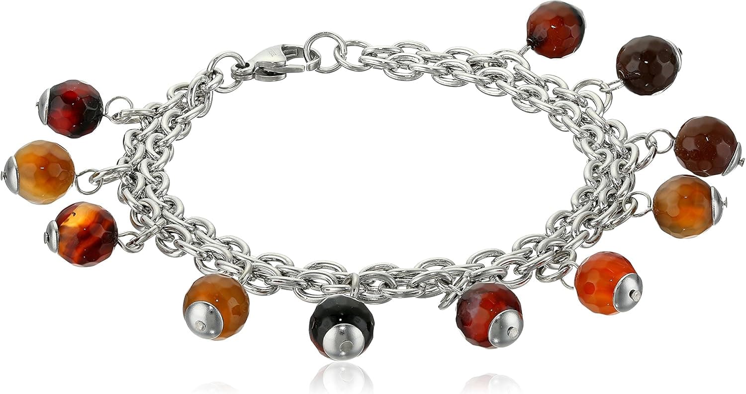 ELYA Jewelry Womens Stainless Steel Natural Mixed Amber Agate Beaded Multi-Strand Charm Bracelet, White/Brown, One Size