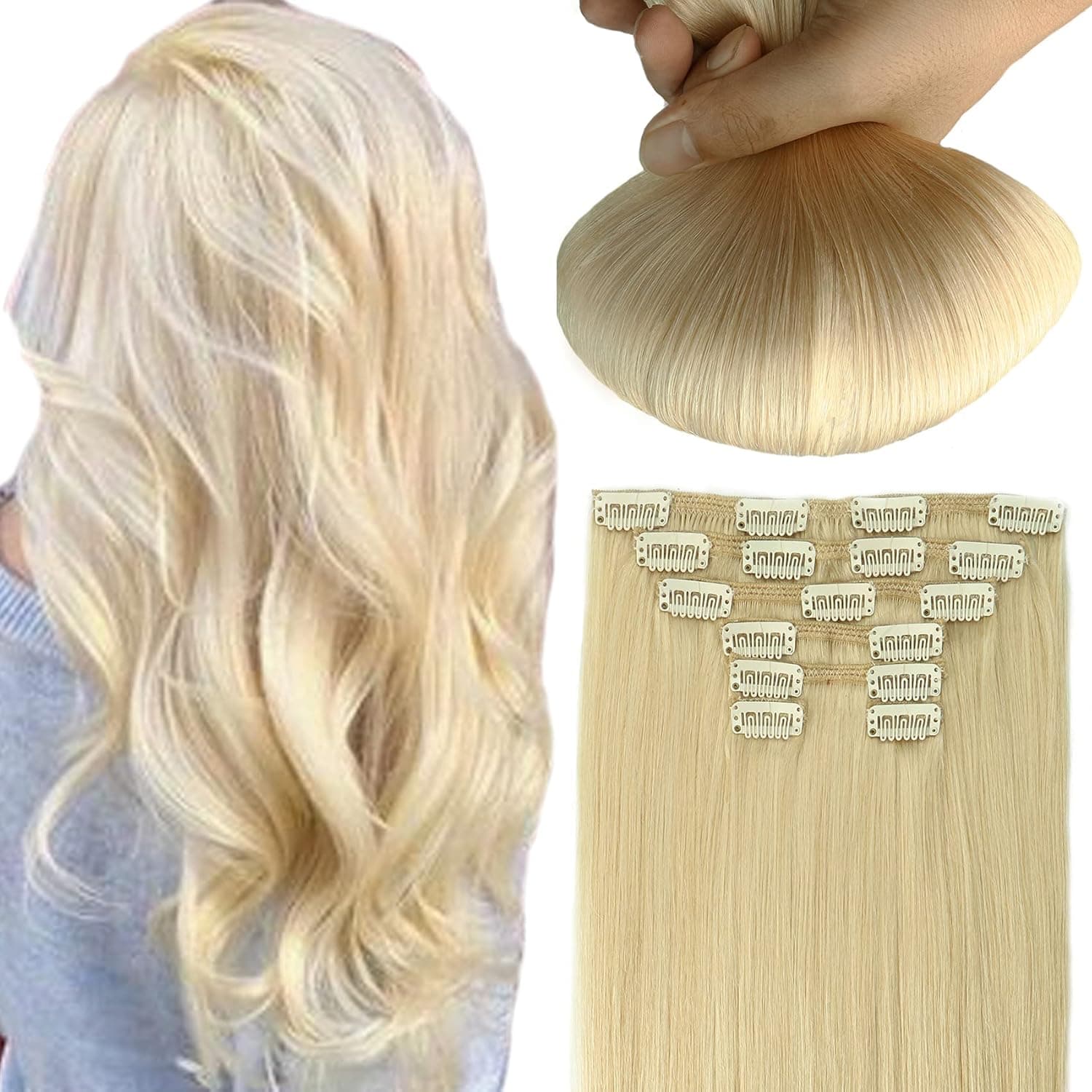 HUAYI Platinum Blonde Natural Color 14-22inch 60# Hair 120g 7Pcs Clip In Hair Extensions Huamn Hair Double Weft Thick End For Full Head No Tangle Silky Straight Balayage Hair (60#16'')