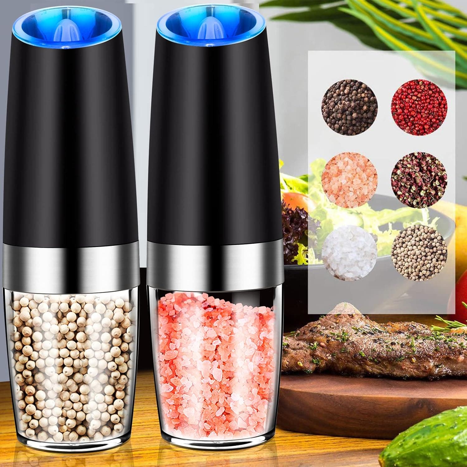 HOMMLOVE Electric Pepper Grinder, Automatic Salt and Pepper Grinder Set of 2, Battery-Operated Pepper Mill Grinder with Black