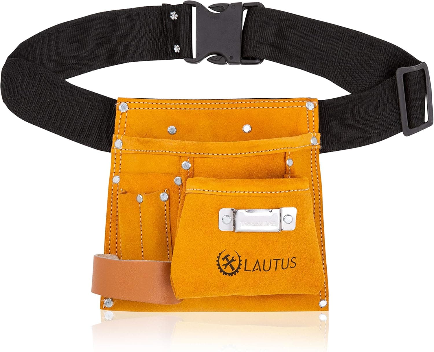 LAUTUS Suede Tool Bag & Adjustable Poly Web Belt | 5 Pockets | Leather Hammer Holder| Tape Measure Holder| Construction Grade|