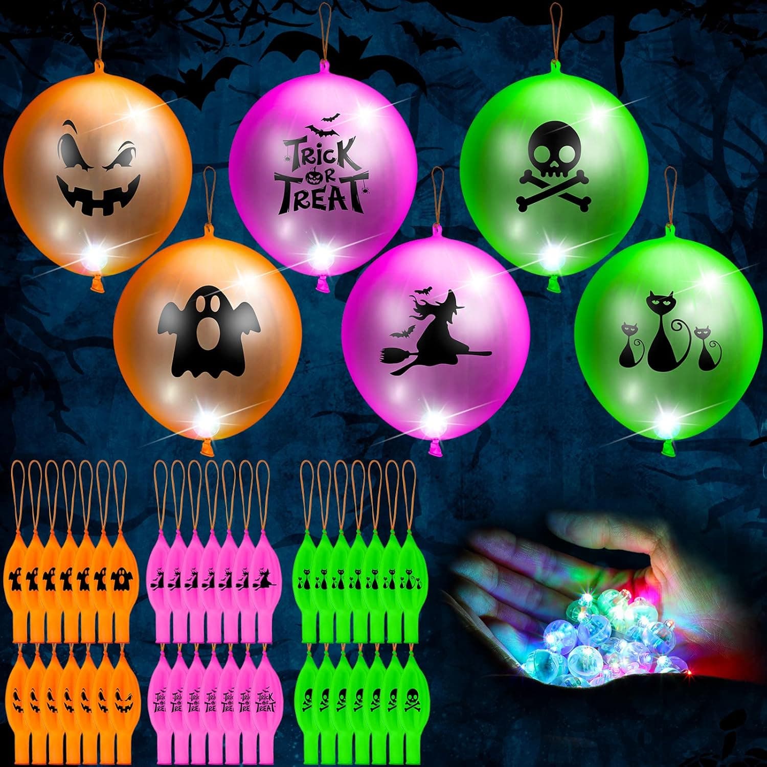 54 Pcs Halloween Punch Balloons LED Light Halloween Party Favors Kids 15 Inches Glow in The Dark Punching Balloons Trick or Treat Punching Balloon Game Prize Halloween Decoration Supplies, 6 Styles