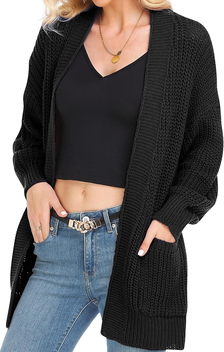 Women's Long Sleeve Cable Knit Cardigan Oversized Open Front Sweater with Pockets