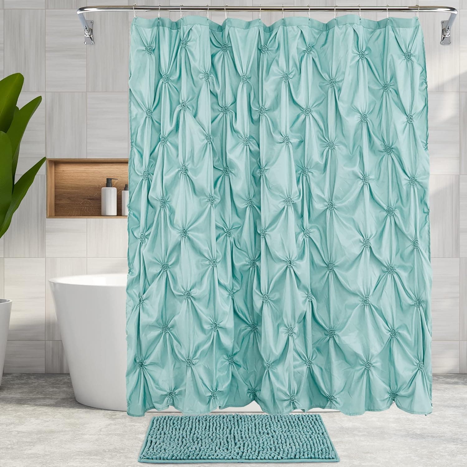 REEPLE Embroidered Textured Shower Curtain Set with Rugs and 12 Hooks for Bathroom Waterproof Fabric Shower Bath Curtain 72 x 72 Inch Green Blue