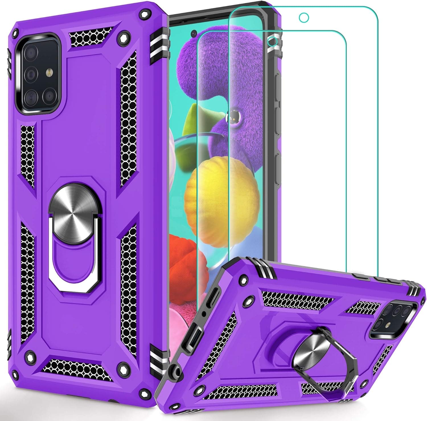 Maximum Discount Galaxy A51 4G Case with [2 Pack] Tempered Glass Screen Protector, Jshru Anti-Slip Rugged Case with Kickstand Ring for Samsung A51 4G, Purple