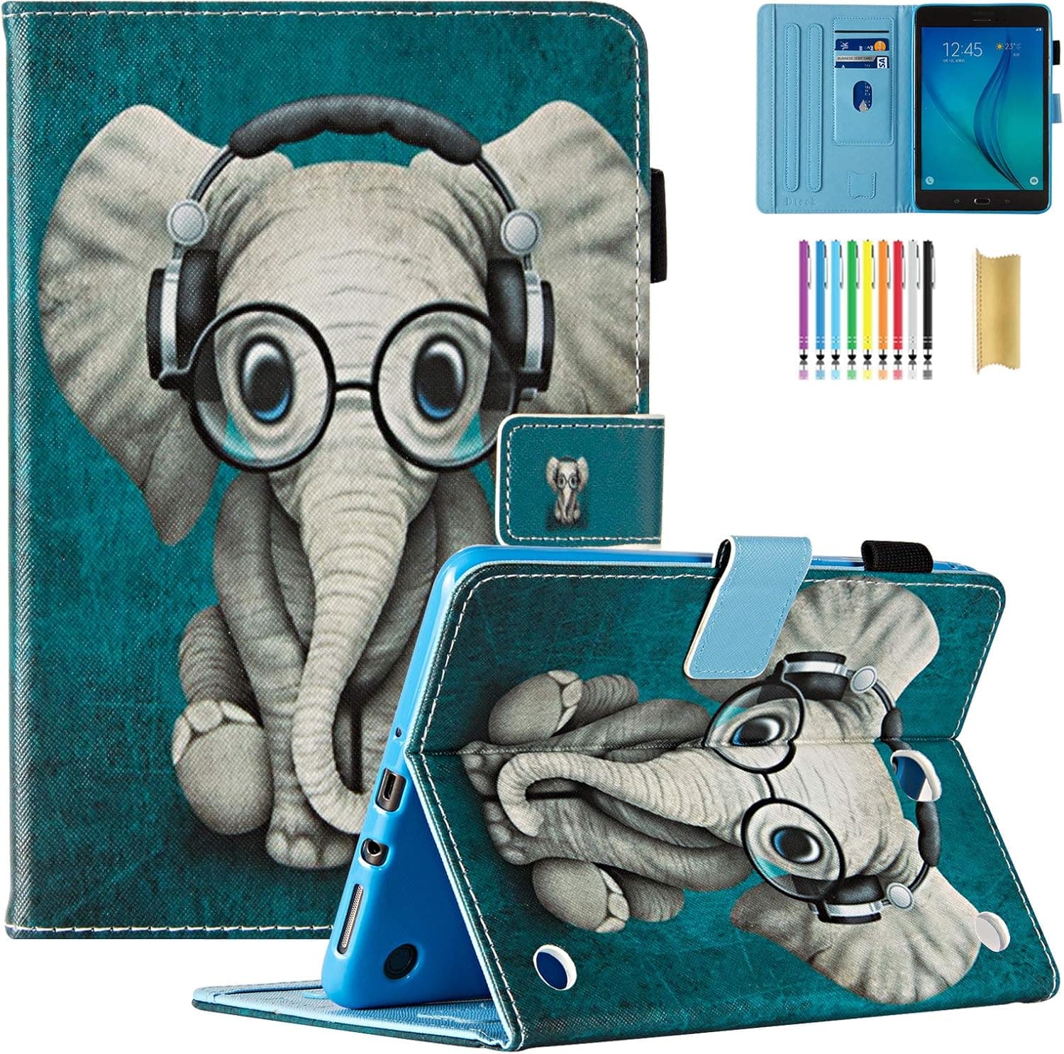 SM-T350 Case with Stylus Pen, Tab A 8.0" Case 2015 Model, Dteck Protective PU Leather Smart Case Pretty Cute Folio Magnetic Stand Cover for Samsung Galaxy Tab A 8 Inch 2015 Model Tablet-Music Elephant