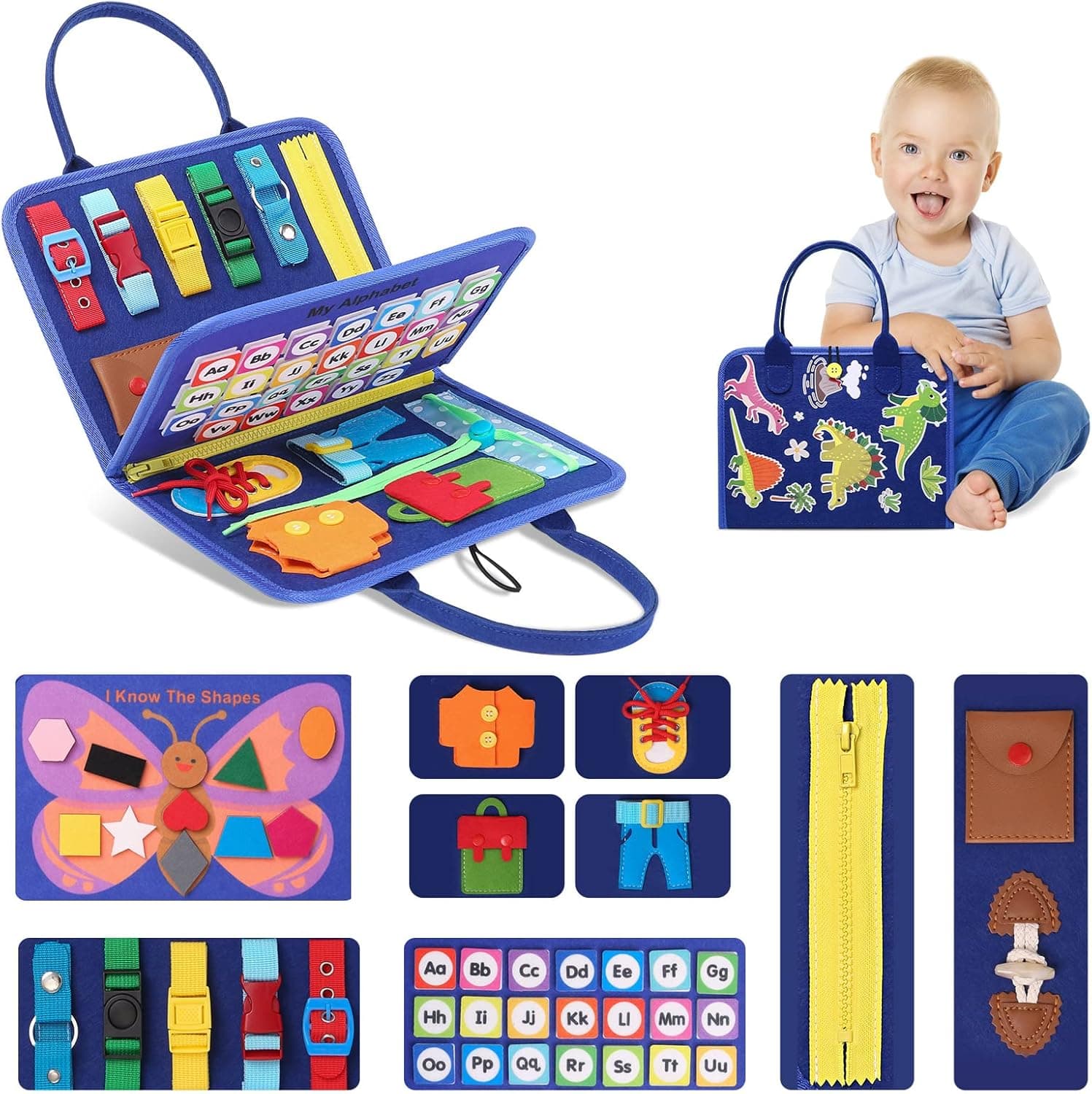 Busy Board Montessori Toy Toddler - Sensory Board for 1 2 3 4 5 6 Year, Learning Educational Toy for Fine Motor Skills - Toddler Activity Kit Travel Toys for Plane Car, Gift for Boys Girls (Dinosaur)