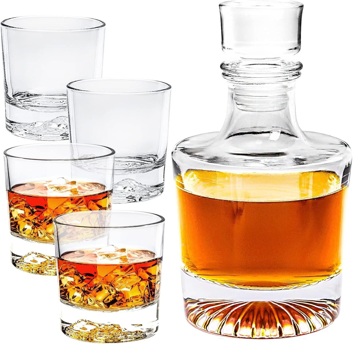 Elegant Crystal Glass Whiskey Decanter and 4 Glasses SET - Impressive Clear 25.4oz with Fancy Top, 11oz Old Fashioned Scotch Glasses Ideal for Drinks & Guests. Thrilling Gift for Men & Women