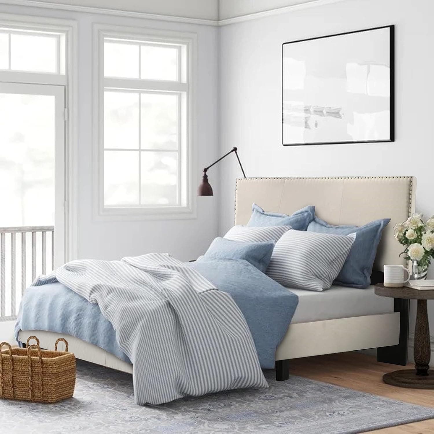 Belle Isle Furniture Full Size Heavy Duty Bed Frame for Box Spring - Low Profile Modern Platform, Boho Design with Upholstered Adjustable Headboard - Reinforced Wood Slats, Beige