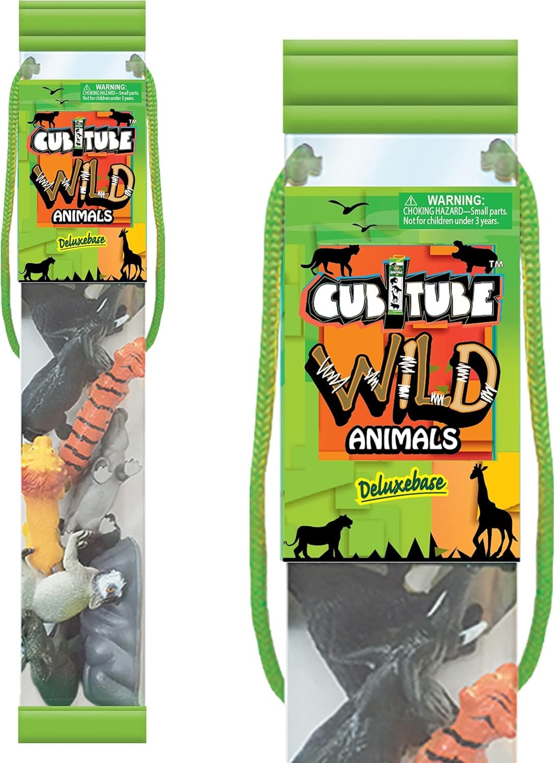 Cubitube - Wild Animals from Deluxebase. 11 Piece Small Safari Animal Figurines and Play Accessories Collection. Reusable plastic storage tube of wild animal toys mini replicas.