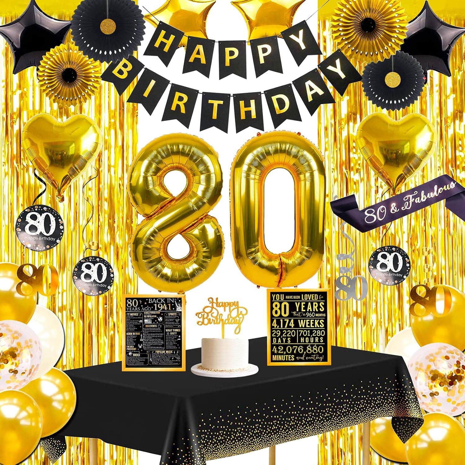 80th Birthday Decorations Supplies for Women or Men, 80 Birthday Party Décor, 80th Birthday Gifts for Her Him, Happy Birthday Banner, Fringe Curtain, 80 Years Ago Birthday Poster