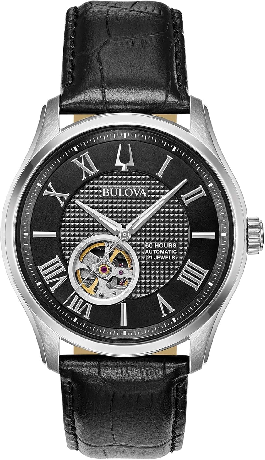 Bulova Men's Classic Wilton 26-Jewel Automatic Leather Strap Watch, 40 Hour Power Reserve, Domed Sapphire Crystal, Exhibition Case Back, Luminous Hands, 43mm