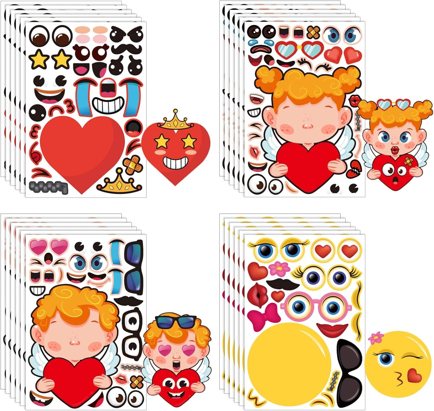 Konsait 24 Sheets Valentine's Day Make Your Own Stickers Decorative, Angel with Heart for Kids Boys Girls Sticker Mix and Match Emoji Love Sticker Valentine Birthday Party Favors Crafts Supplies