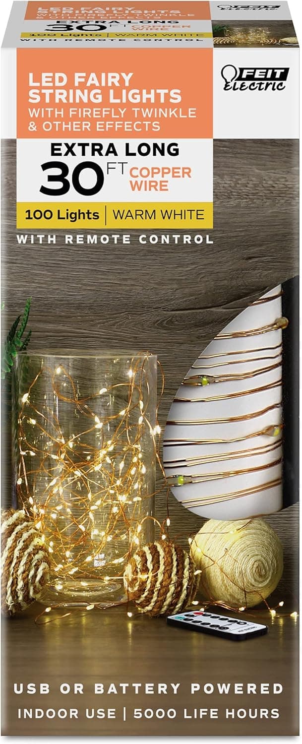 Feit Electric Fairy Light LED 30 Foot, Cooper Wire Light Strand, AA Battery or USB Powered