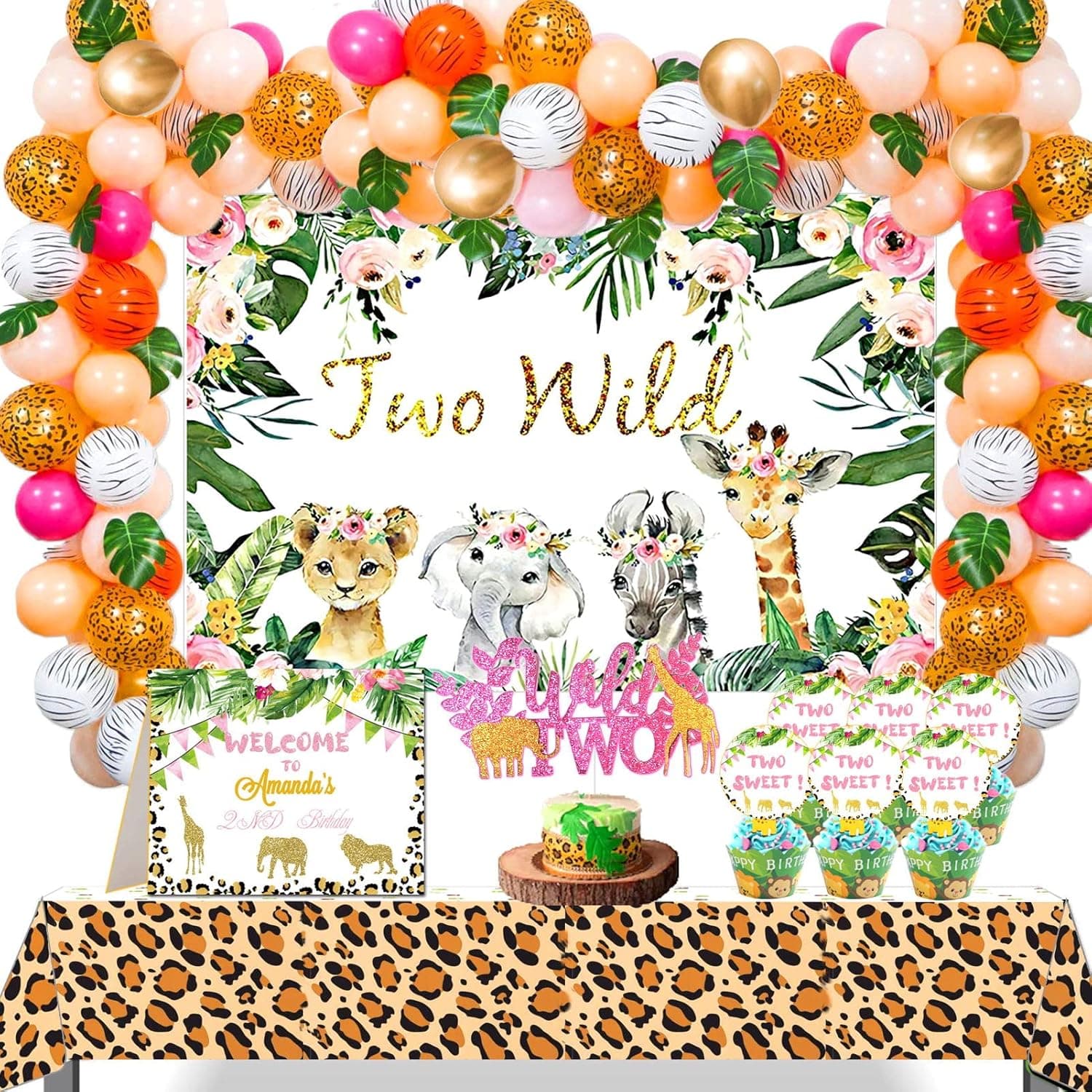98pcs Two Wild Birthday Decorations Girl, Two Wild Backdrop, Two Wild Cake Topper, Two Wild Balloons, Tablecloth, Cupcake Toppers, Party Sign for 2nd Birthday, Safari Jungle Birthday Girl