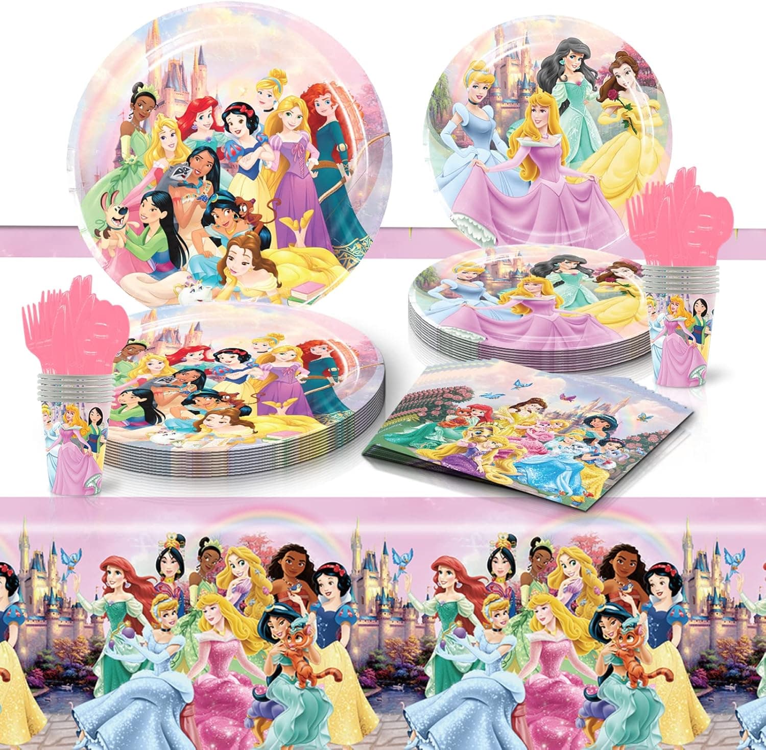 Princess Birthday Party Supplies, 81 PCS Princess Birthday Party Supplies for Kids, Include 10 Guests Plates Napkins Cups Forks Knives Spoons Tablecloth
