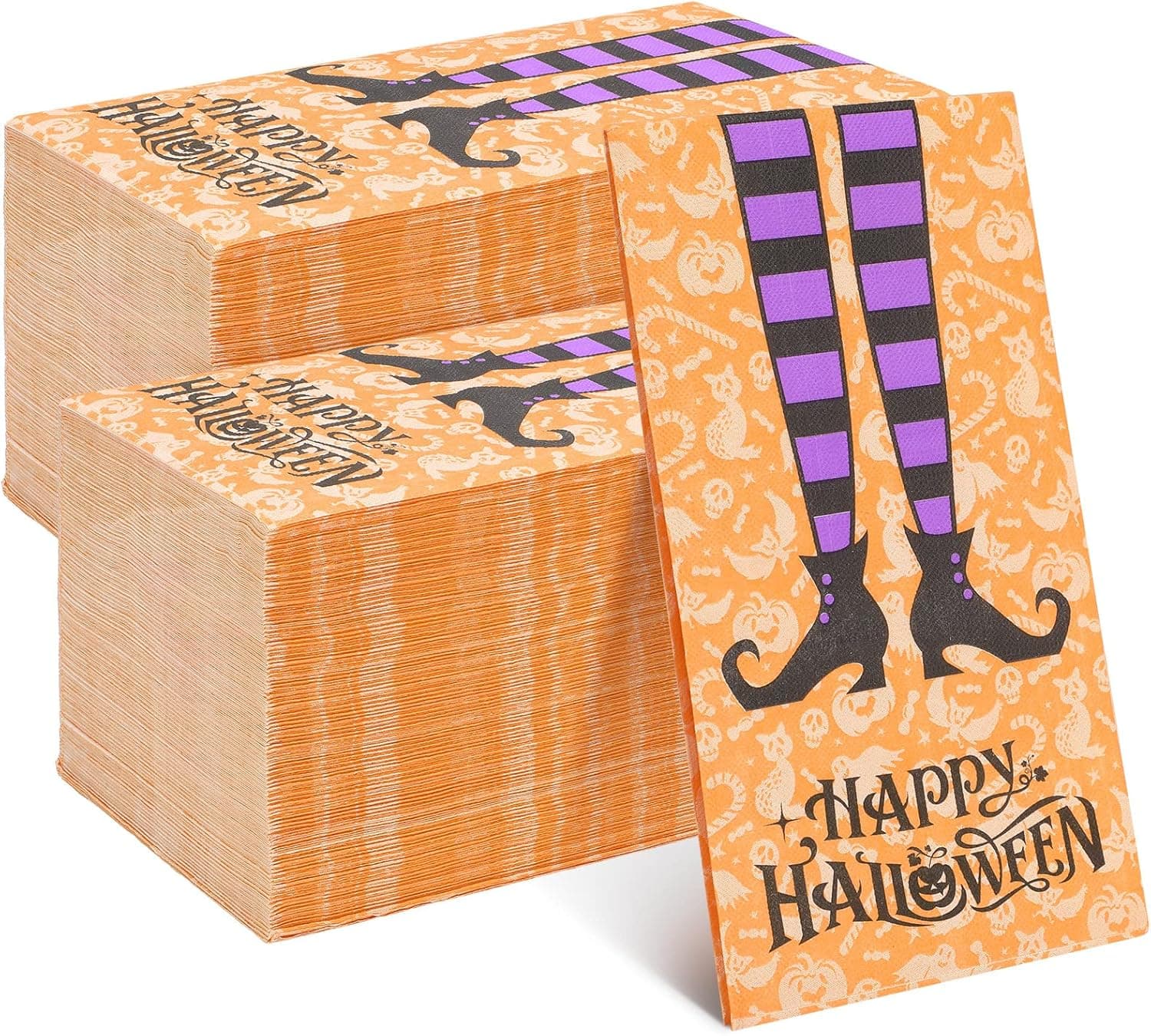 Hotop 200 Pcs Happy Halloween Guest Napkins, Disposable 3 Ply Dinner Hand Towel Napkin, Decorative Paper Witch Leg Boot Striped Sock Bathroom Napkins for Party Haunted Party, Orange