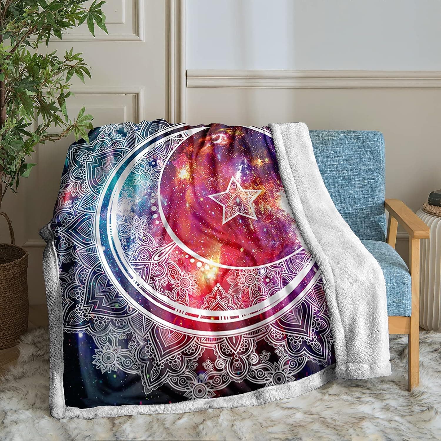Boho Moon Blanket Moon Star Throw Blanket Mandala Galaxy Moon Printed Sherpa Fleece Blanket Soft Warm Bohemian Bed Blanket for Bedroom Couch Sofa (Throw(50"x60"), Moon)