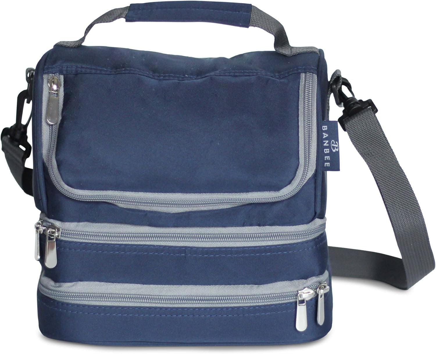 Banbee Innovations Triple Decker Insulated Lunch Bag Set (Navy Blue) - Convenient Thermal Lunch Tote with Removable Shoulder Strap - For Kids and Adults - Includes 2 Bento Lunch Boxes