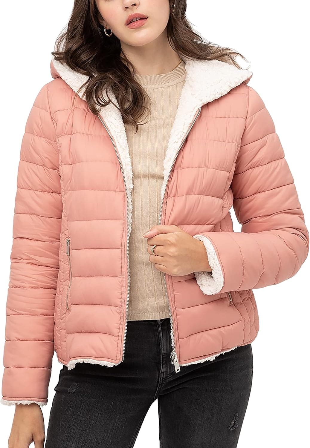 Women's Reversible Faux Fur Quilted Puffer Hooded Jacket