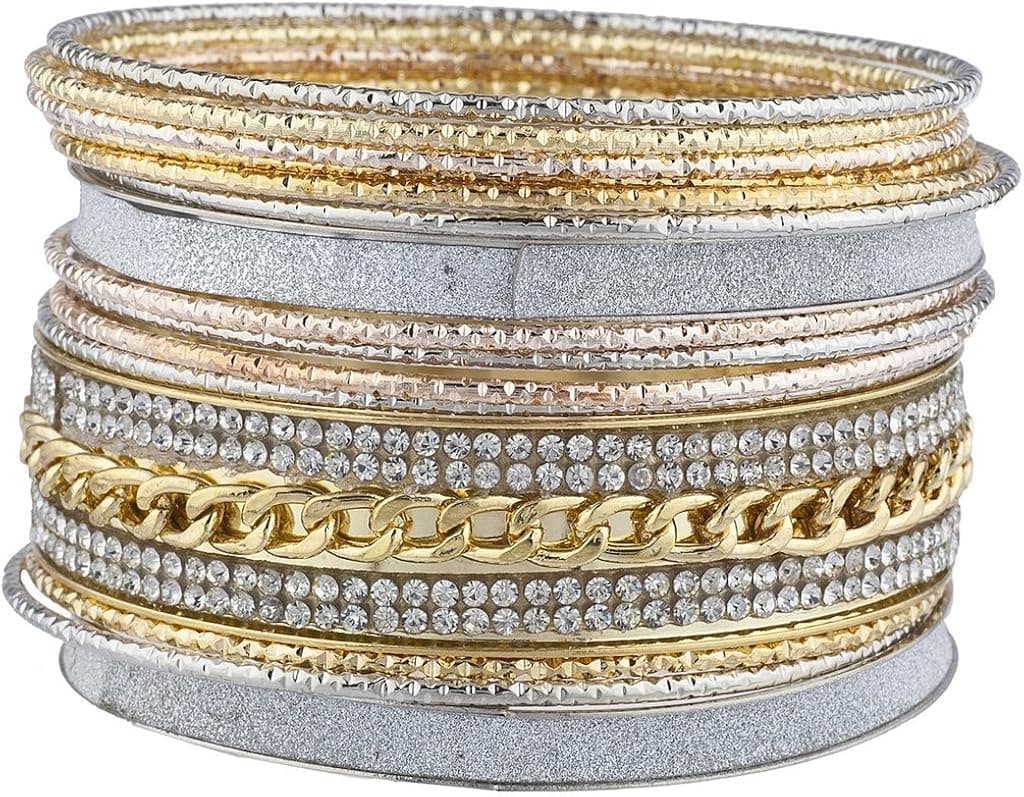 Lux Accessories Mixed Metal Sticker Glitter Curb Chain Bangle Bracelet Set 15PC