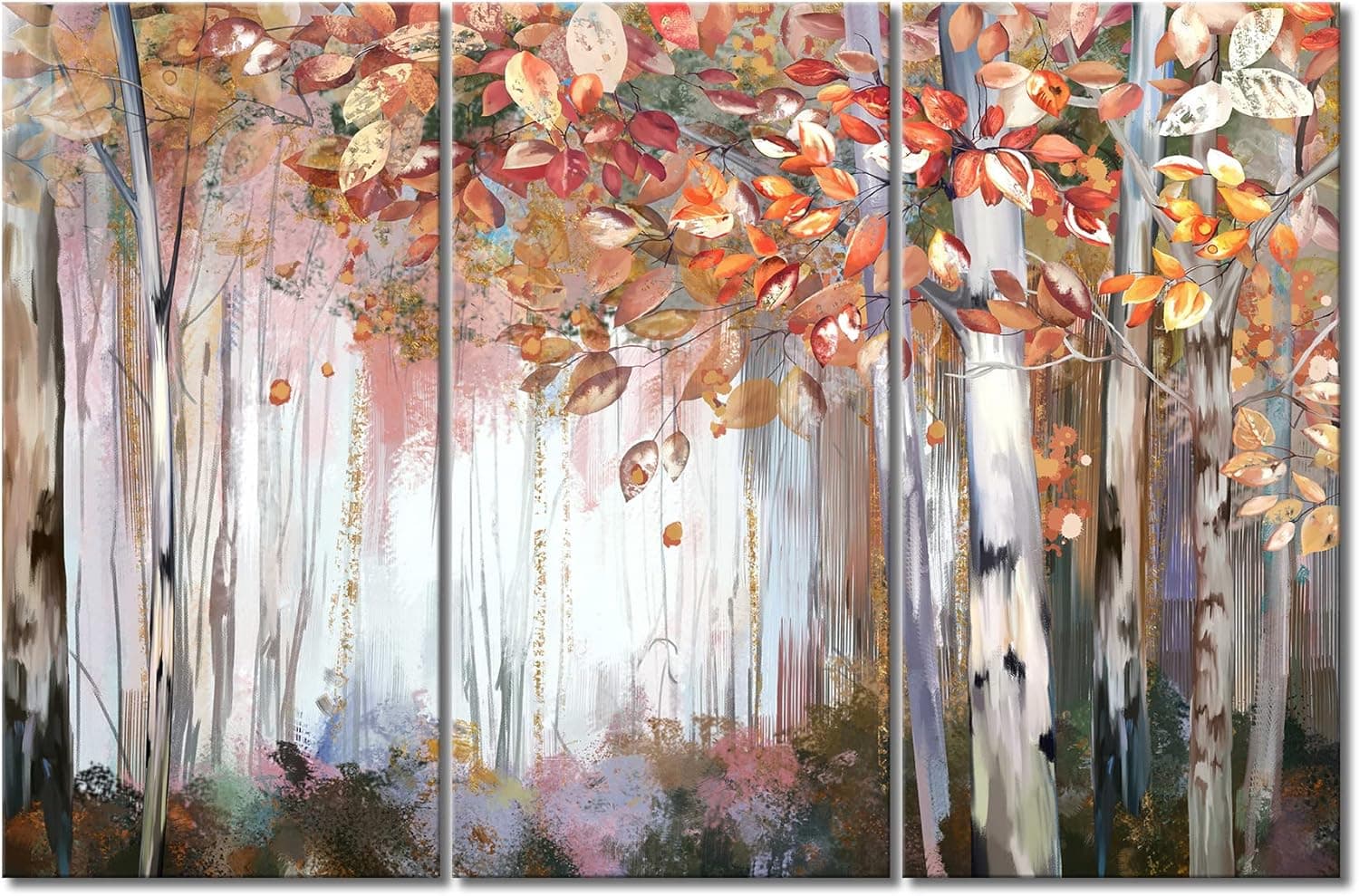 YAYNICE Birch Tree Wall Art 3 Piece Autumn Forest Picture Canvas Print Modern Abstract Wall Painting Artwork Wall Décor for Bedroom Living Room Bathroom Office