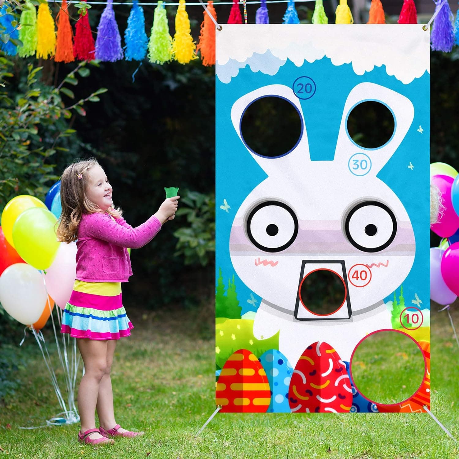Easter Toss Game with 3 Bean Bags, Bunny Themed Banner Easter Party Game for Kids Adults Family Party Favor Supplies, Games Pack and Decorations
