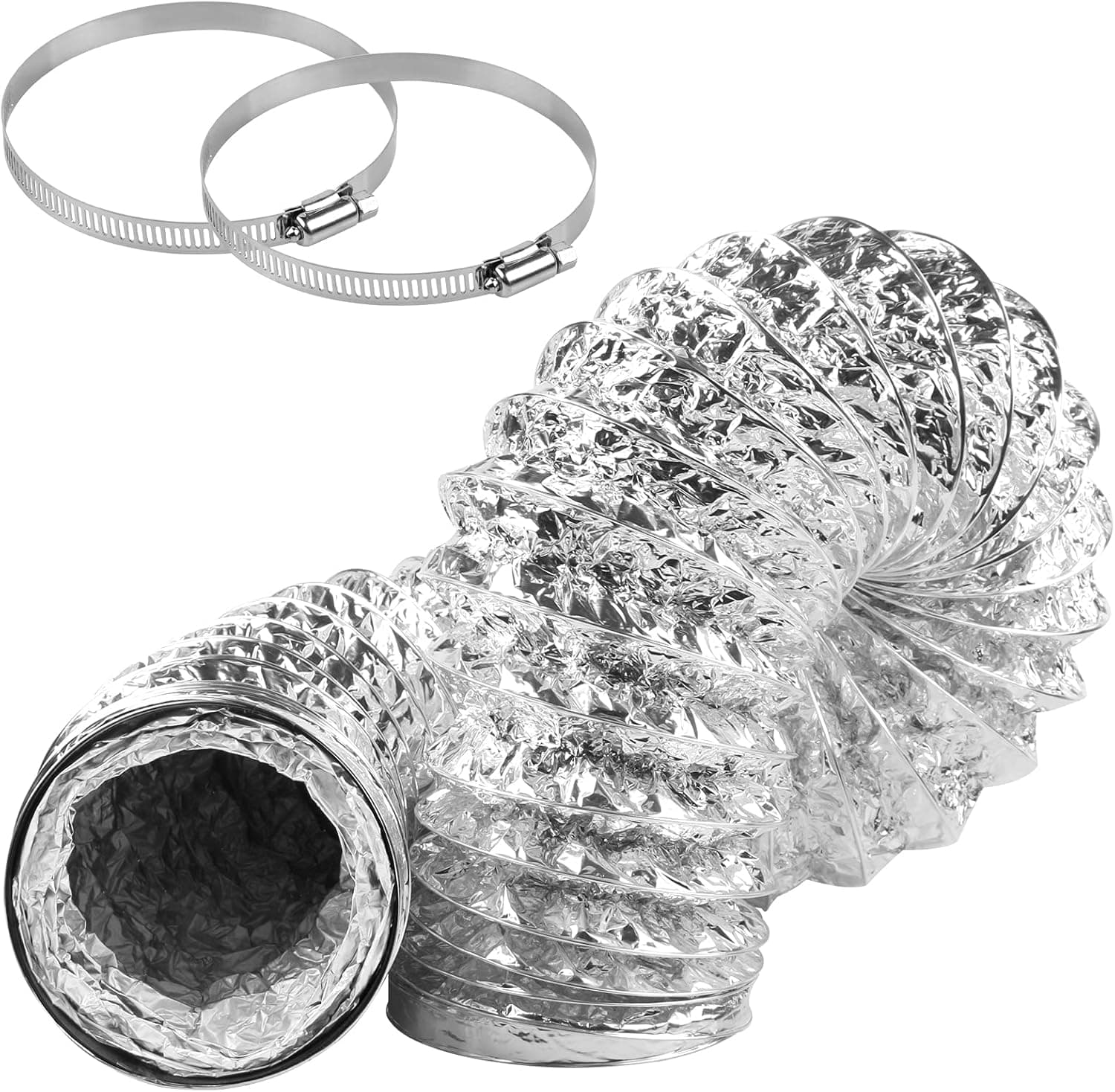 CABAX Dryer Vent Hose 4 Inch 5 Feet Non-Insulated Flex Air Aluminum Foil Ducting for HVAC Ventilation with 2 Clamps, Silver