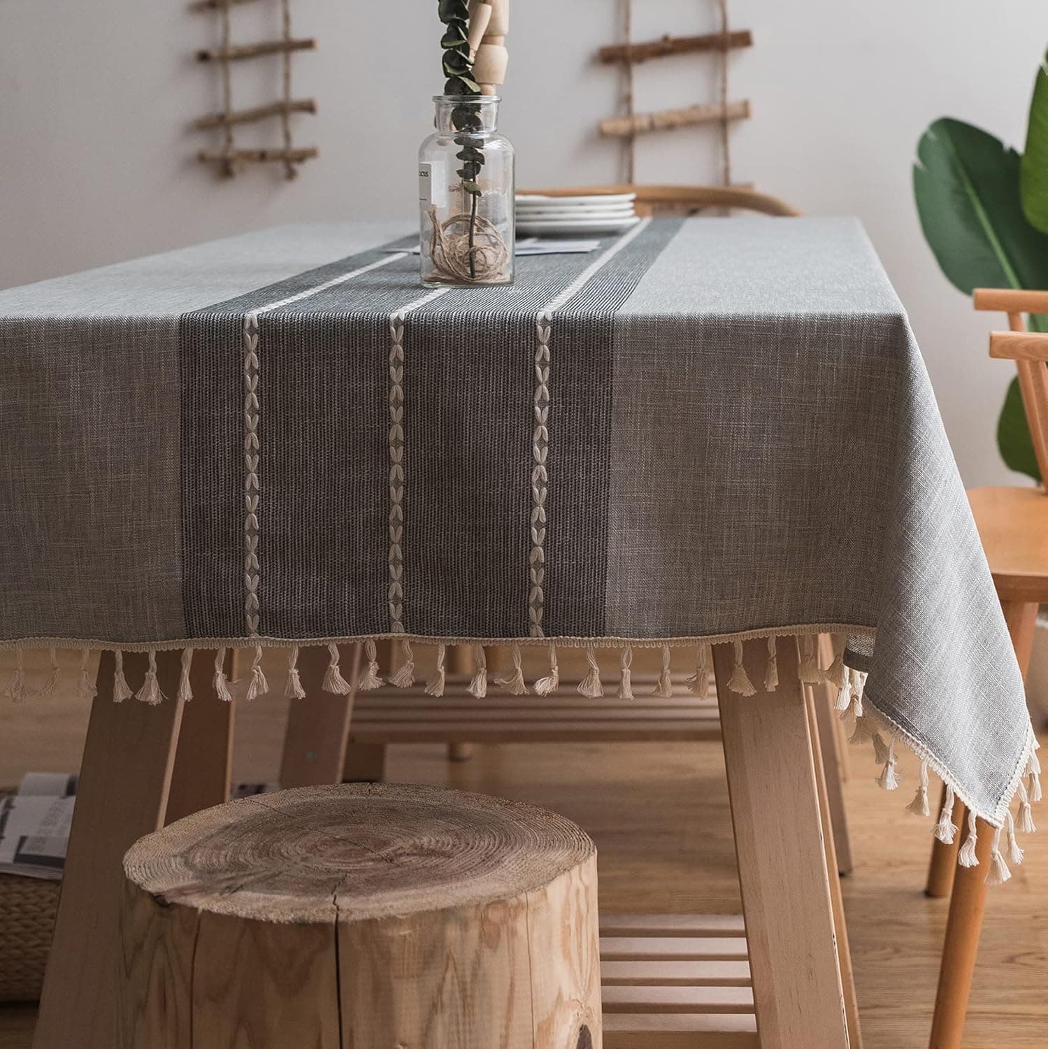 SUPICKET Linen Rectangle Tablecloth Table Cloth Heavy Weight Cotton Linen Dust-Proof Table Cover for Party Table Cover Kitchen Dinning (Grey Lace ,55 x 98.4 inch)