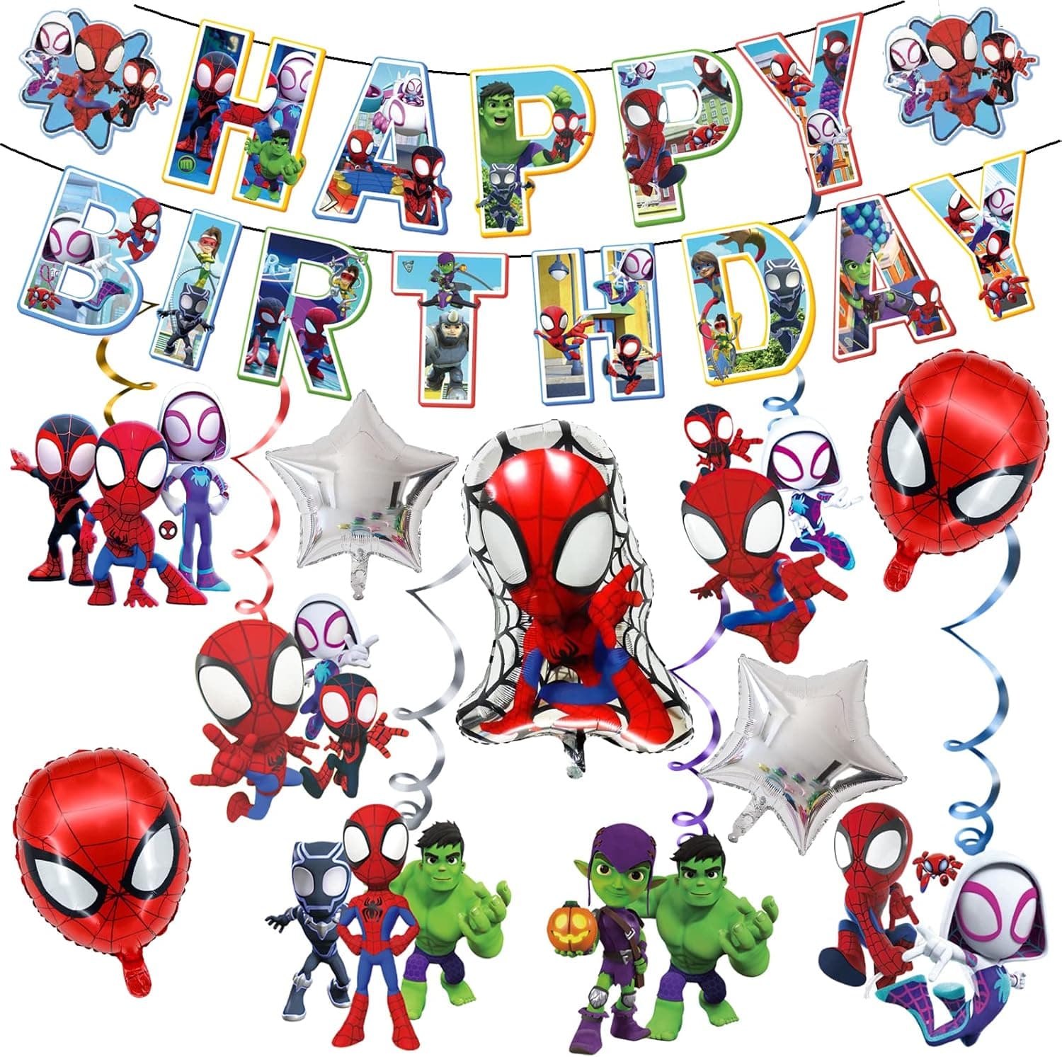 Spidey and his amazing friends birthday decorations Spider Theme Birthday Balloons Set,Party Decorations Banner and Hanging Swirls for Kid, Boys and Girls Happy Birthday Banners (B)