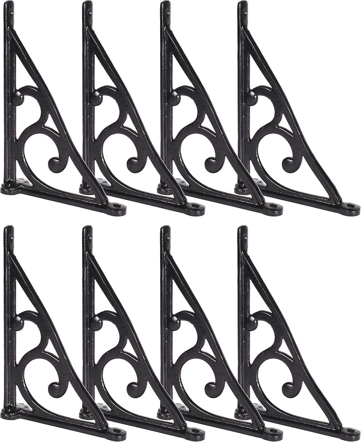 Ziolte Set of 8 Cast Iron Wall Shelf Brackets 7.5 inches, Ornate Pattern in Black Finish; Includes Mounting Hardware,Suitable for Walls, Clocks and Other Accessories