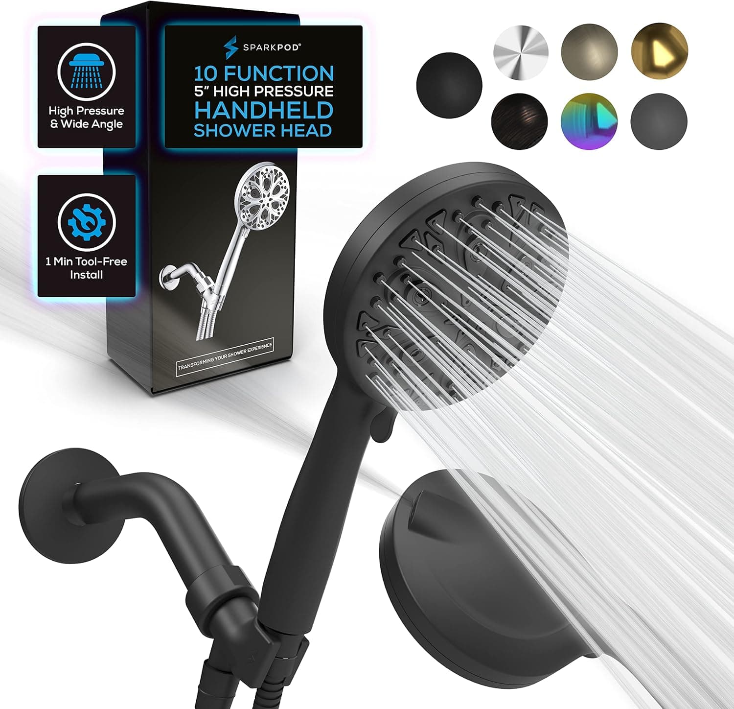 SparkPod 10 Spray Setting High Pressure Shower Head - Luxury 5" High Flow Hand Held Shower Head with High Pressure Jets - Premium Stainless Steel Hose and Bracket Included (Midnight Black Matte)