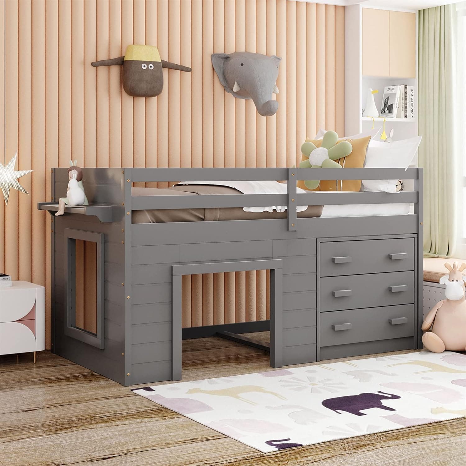 Harper & Bright Designs Low Loft Beds with Storage Drawers, Wooden Twin Loft Bed with Cabinet and Bedside Tray, Kids Loft Bed for Girls & Boys (Twin, Grey)