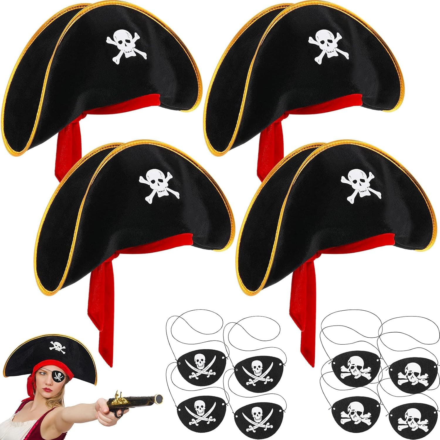 12 Pieces Pirate Accessories for kids Include 4 Pirate Hat kids Skull Cap and 8 Pirate Eye Patches for Halloween Pirate Party Supplies Caribbean Fancy Dress Captain Costume Cosplay Prop for Women men