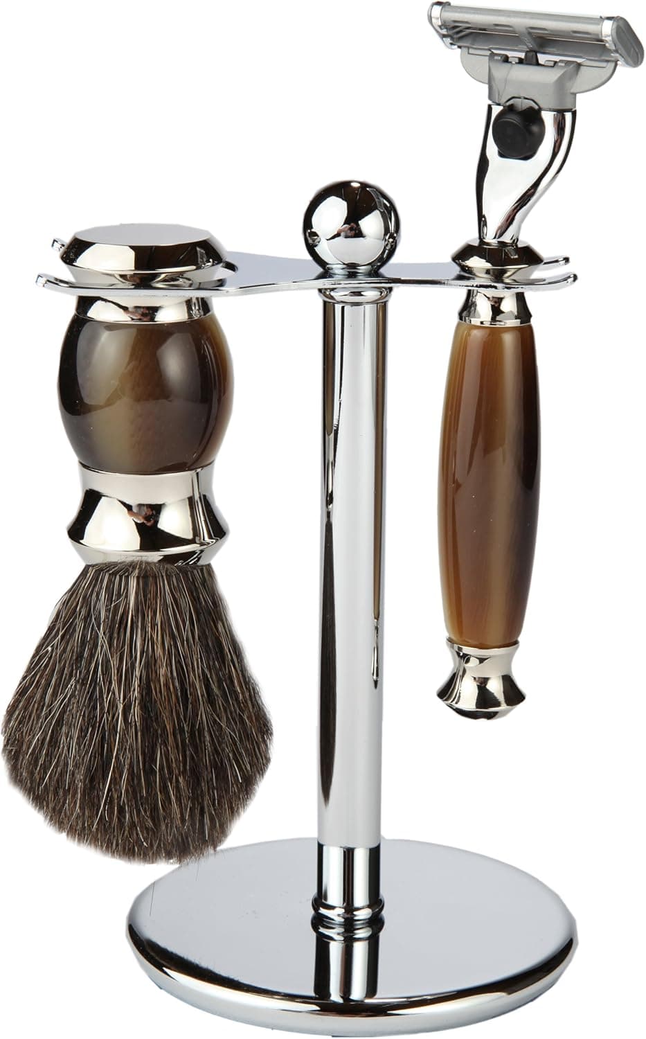 3 Piece Shaving Set with Mach 3 Heavyweight Handle, 100% Heavyweight Badger Brush, with All Metal Chrome Classy Stand (Matching Brown)