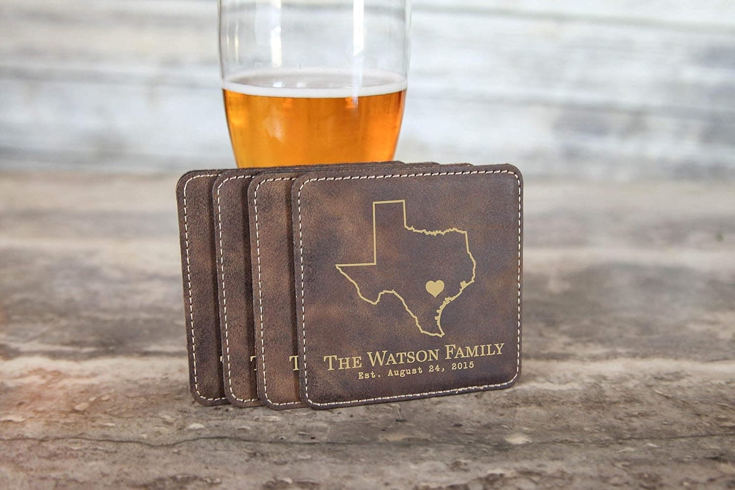 State Outline Personalized Engraved Brown Leather Coasters