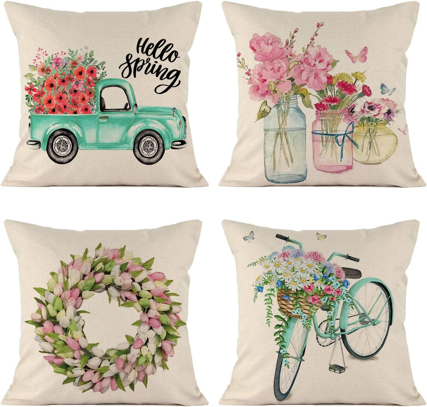 DFXSZ Spring Pillow Covers 18 X 18 Farmhouse Pillow Covers Truck Wreath Bicycle