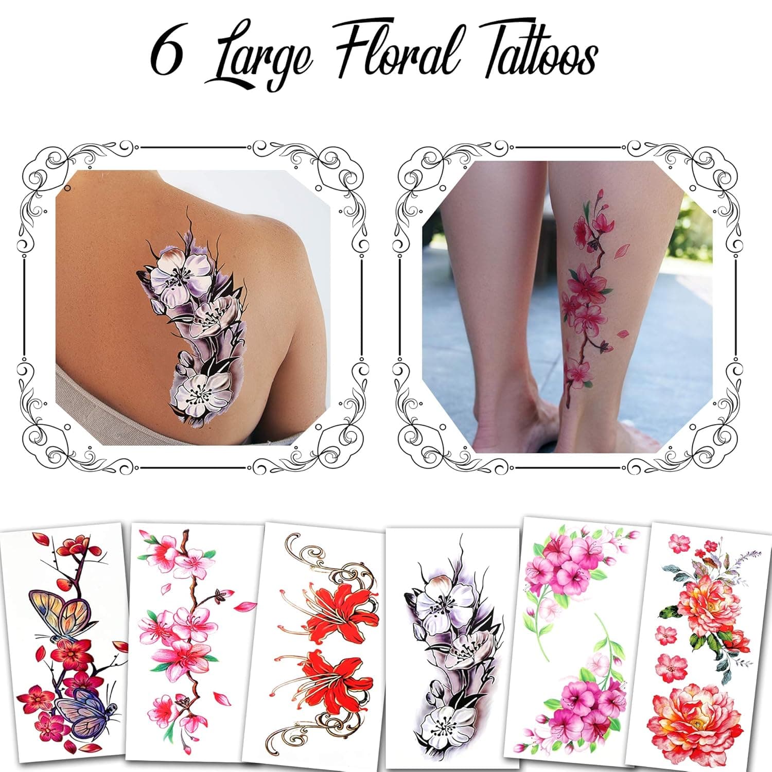 Temporary Tattoos for Women and Girls - Flowers, Roses, Butterflies - Waterproof Fake Tattoos - Halloween Costume Cosplay (6 Large Floral Tattoos B - 6 Sheets)