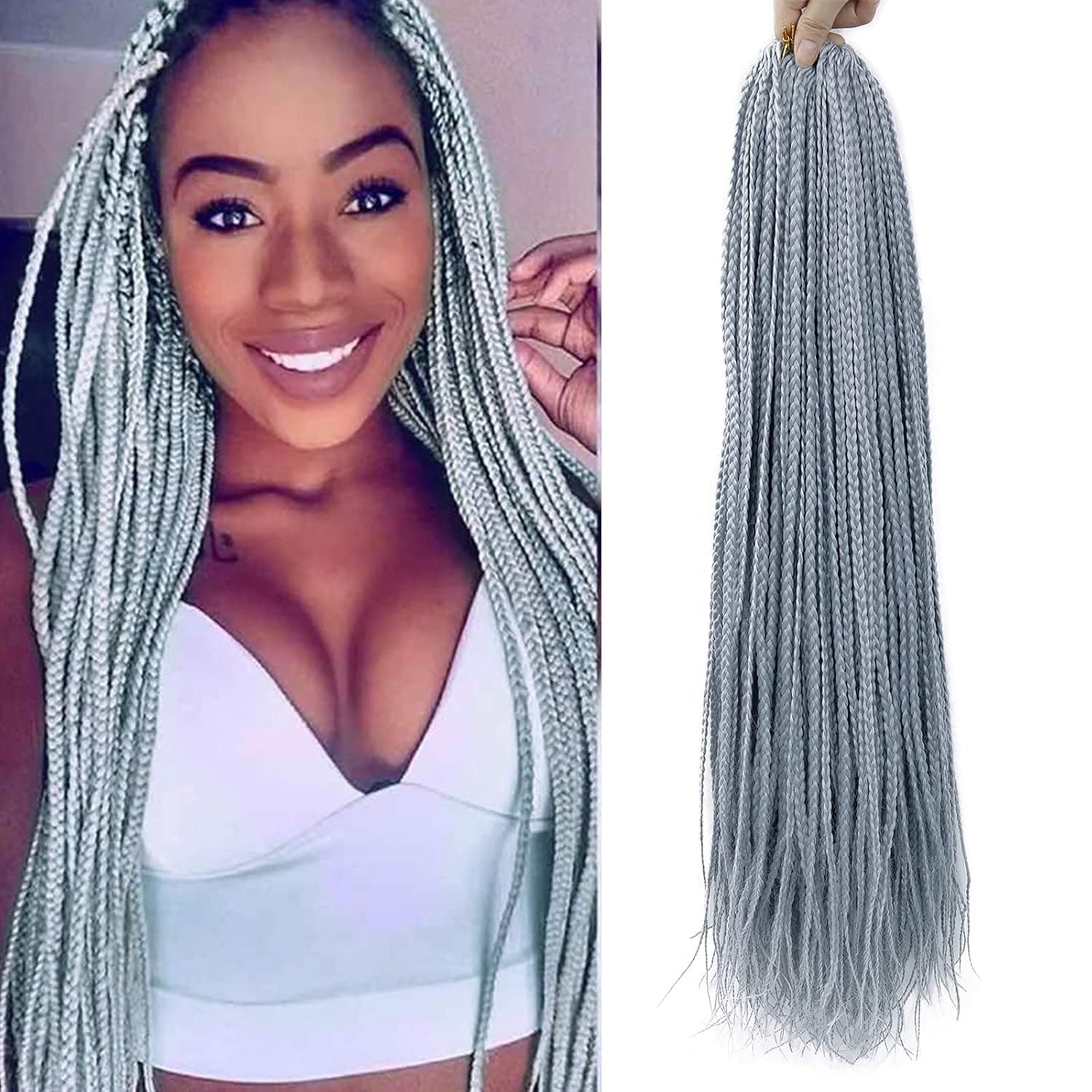 QRHhair 24 Inch Box Braids Crochet Hair 5Packs Grey Crochet Braids Hair Pre-looped Crochet Box Braids Synthetic Braiding Hair Extensions 22Strands/Pack (Grey, 24inch)