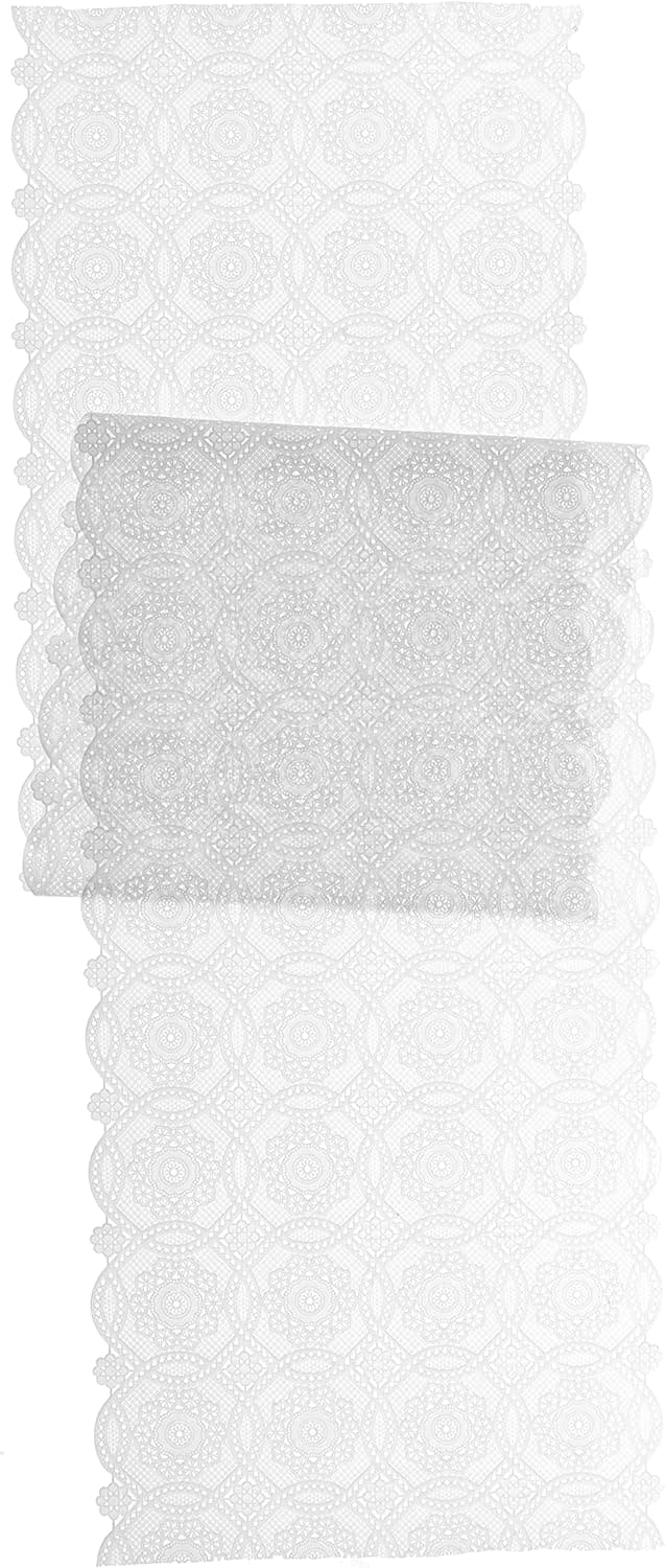 Vinyl Lace Shelf, Cabinet, Pantry Liner or Table Runner, with Scallop Trim and Design, Cut to Size. Easy Clean, Stain Resistant, Measures 17x72 Inches, White