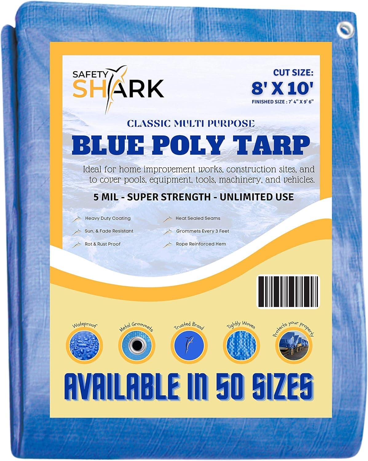Safety-Shark Tarps Heavy Duty Waterproof - 8x10 Feet - 5 Mil Thick Poly, Classic Heavy Duty Tarp for Outdoor Weather Protection, Camping, or Pool Cover with Metal Grommets